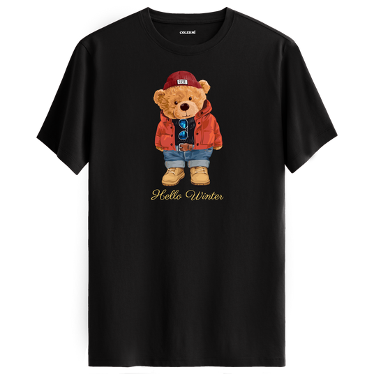 Hello Winter Bear T-Shirt – Cozy Winter Style with Cute Bear in Red Coat