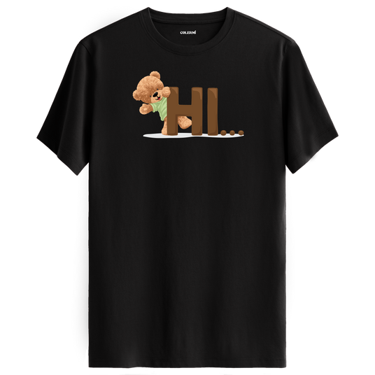 Cute Bear "Hi" Graphic Tee - Warm Greeting, Adorable Design