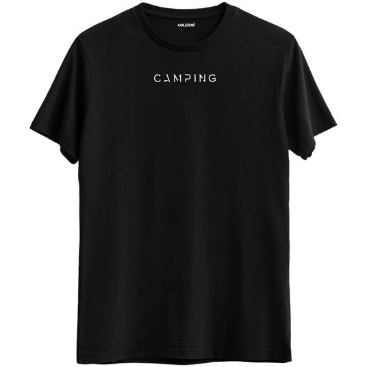 Doğa tutkunları için özel tasarlanmış "Camping" yazılı siyah Bisiklet Yaka T-Shirt.