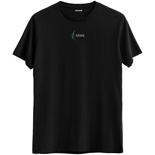Dengenin ve gücün simgesi olan minimal omurga baskılı siyah Bisiklet Yaka T-Shirt.