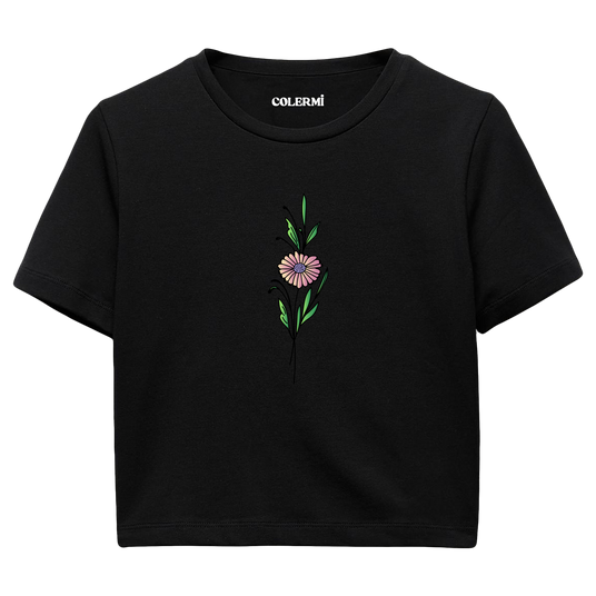 Crop T-Shirt - Minimal Çiçek İllüstrasyonu