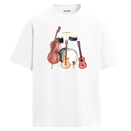 Vintage Enstrümanlar Oversize Unisex T-Shirt – Bisiklet Yaka Müzik Tasarımı