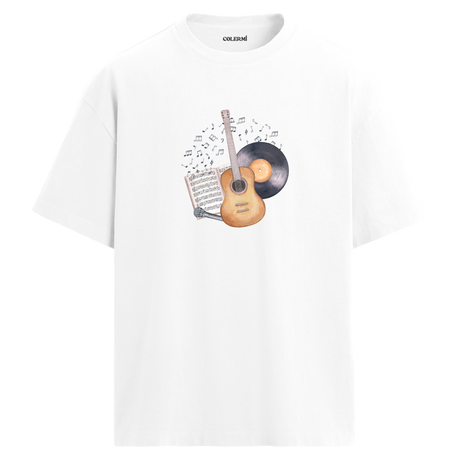 Vintage Gitar Nota Plak T-Shirt – %100 Pamuk –Bisiklet Yaka Tişört