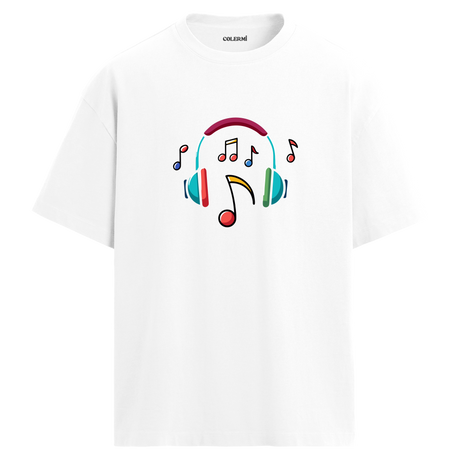 Renkli Nota Kulaklık Baskılı T-Shirt – %100 Pamuk – Bisiklet Yaka Tişört