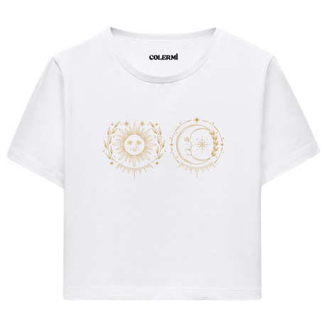 Güneş ve Ay İllüstrasyonlu Crop T-Shirt