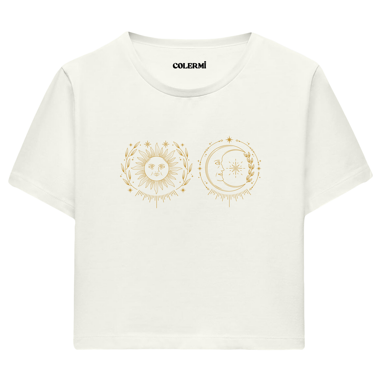 Güneş ve Ay İllüstrasyonlu Crop T-Shirt
