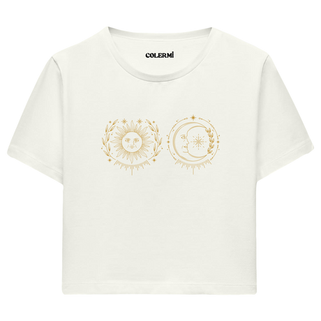 Güneş ve Ay İllüstrasyonlu Crop T-Shirt