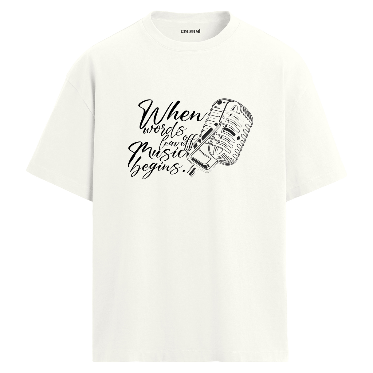 Music Begins Mikrofon Yazılı Tişört – %100 Pamuk – Bisiklet Yaka T-Shirt