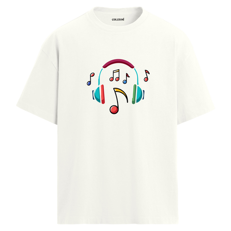 Renkli Nota Kulaklık Baskılı T-Shirt – %100 Pamuk – Bisiklet Yaka Tişört