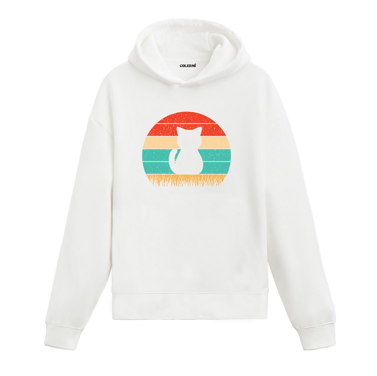 Retro Silhouette Cat Graphic Hoodie – Sunset Hues, Minimalist Elegance