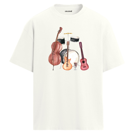 Vintage Enstrümanlar Oversize Unisex T-Shirt – Bisiklet Yaka Müzik Tasarımı