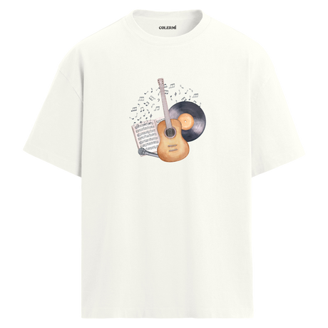Vintage Gitar Nota Plak T-Shirt – %100 Pamuk –Bisiklet Yaka Tişört