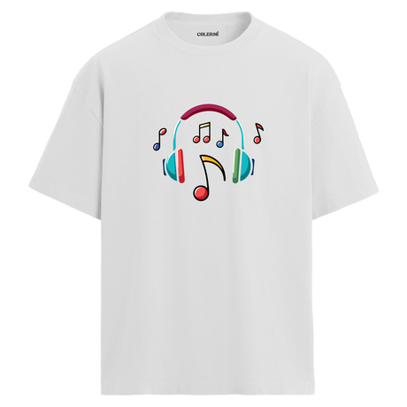 Renkli Nota Kulaklık Baskılı T-Shirt – %100 Pamuk – Bisiklet Yaka Tişört
