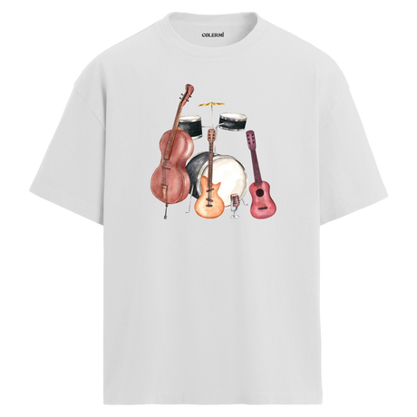 Vintage Enstrümanlar Oversize Unisex T-Shirt – Bisiklet Yaka Müzik Tasarımı