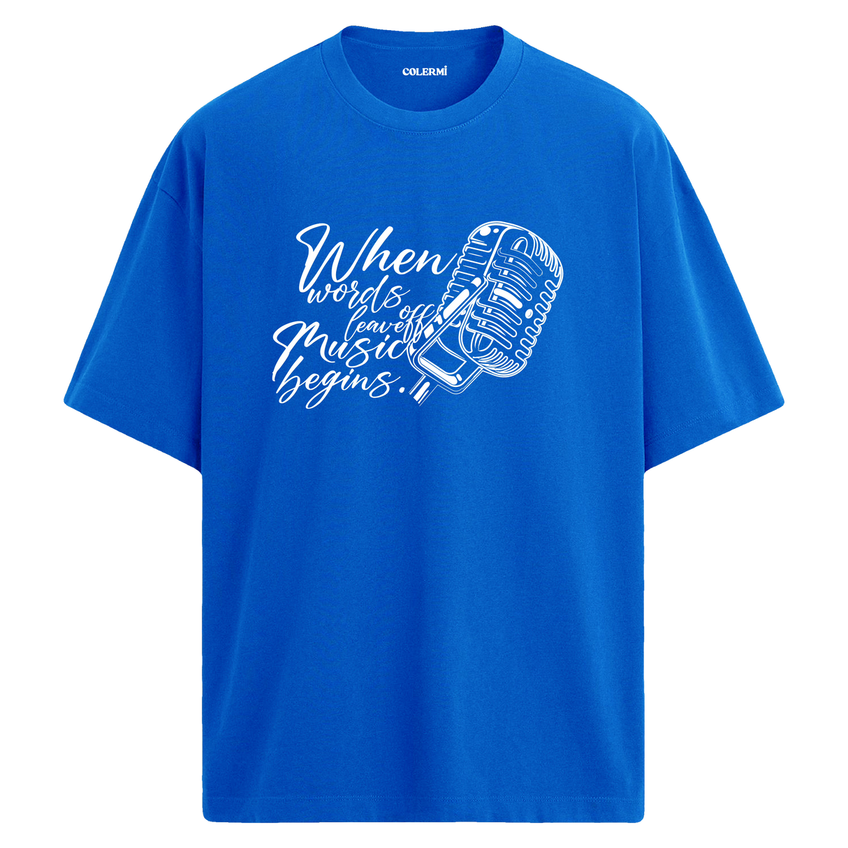 Music Begins Mikrofon Yazılı Tişört – %100 Pamuk – Bisiklet Yaka T-Shirt