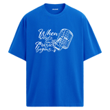 Music Begins Mikrofon Yazılı Tişört – %100 Pamuk – Bisiklet Yaka T-Shirt