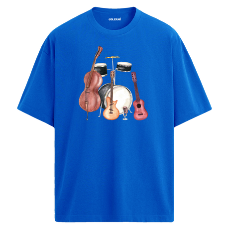 Vintage Enstrümanlar Oversize Unisex T-Shirt – Bisiklet Yaka Müzik Tasarımı