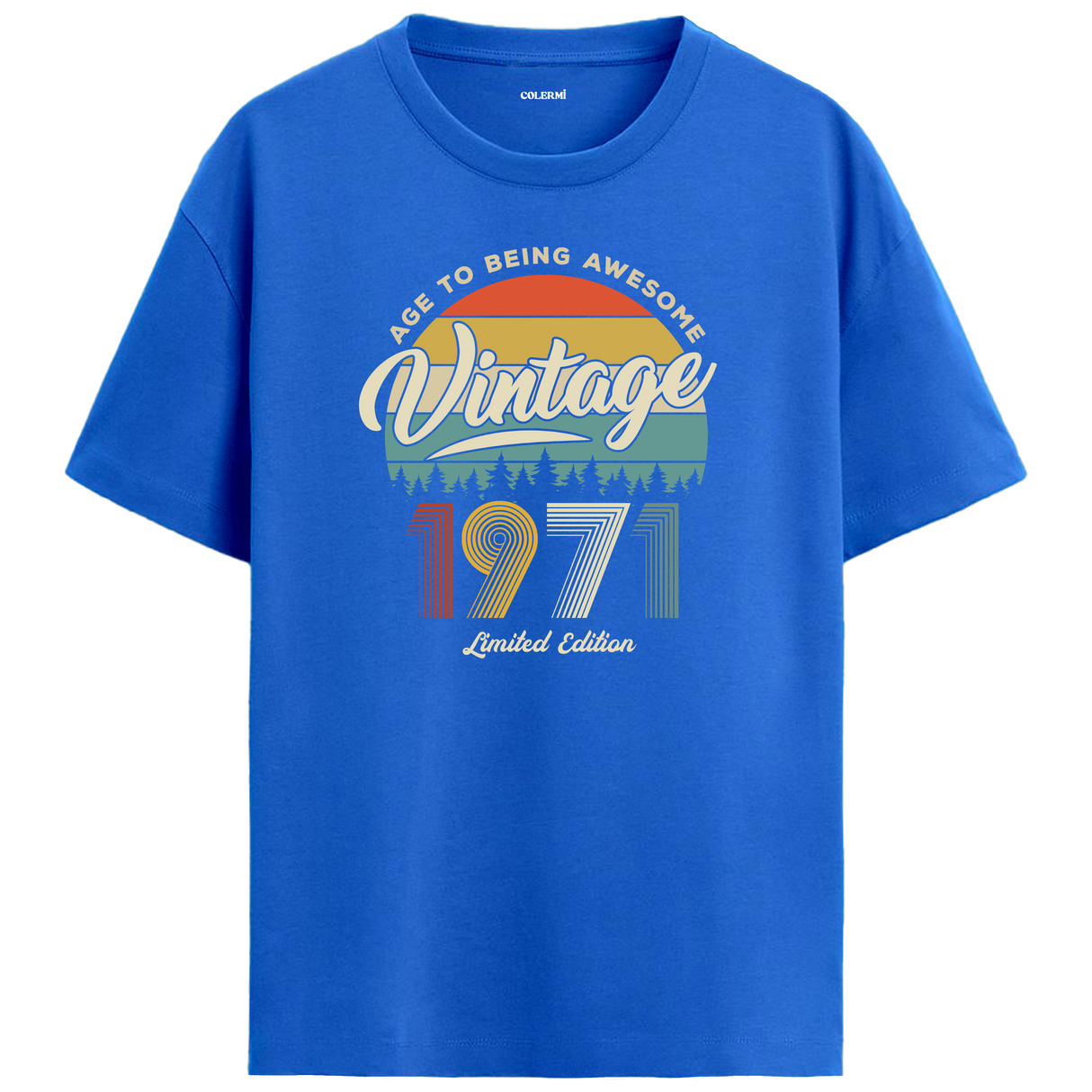1971 Nostalgia Oversized T-Shirt - Retro Sunset & Pine Forest Silhouettes