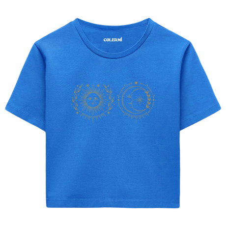 Güneş ve Ay İllüstrasyonlu Crop T-Shirt