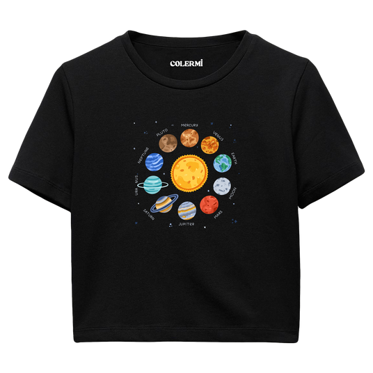 Güneş Sistemi Tasarımlı  Crop T-Shirt