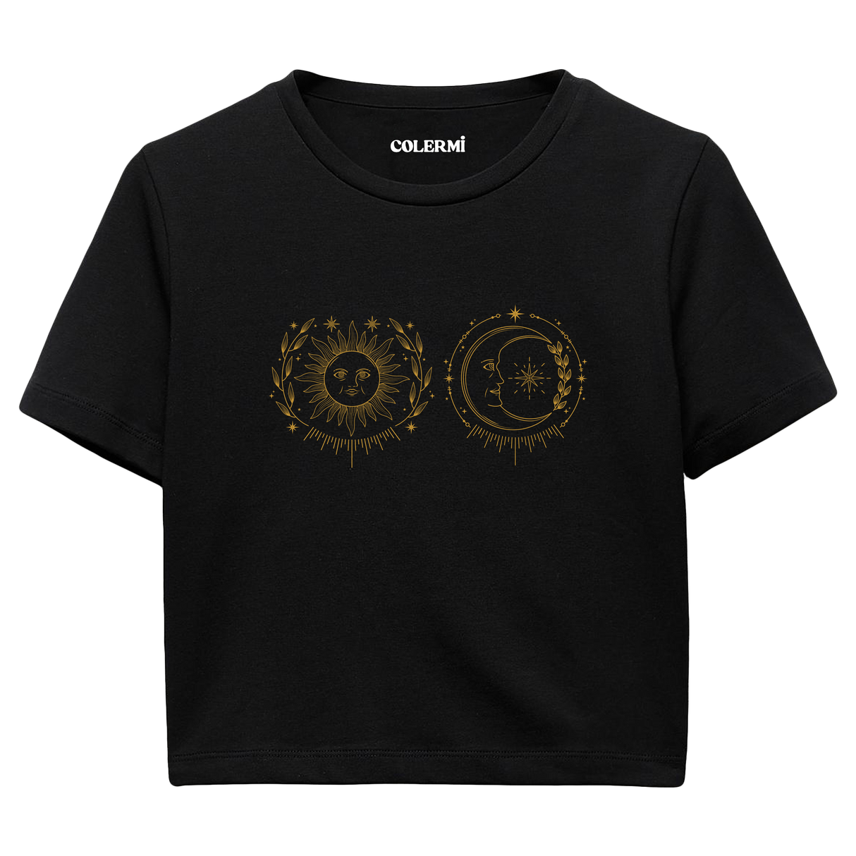 Güneş ve Ay İllüstrasyonlu Crop T-Shirt