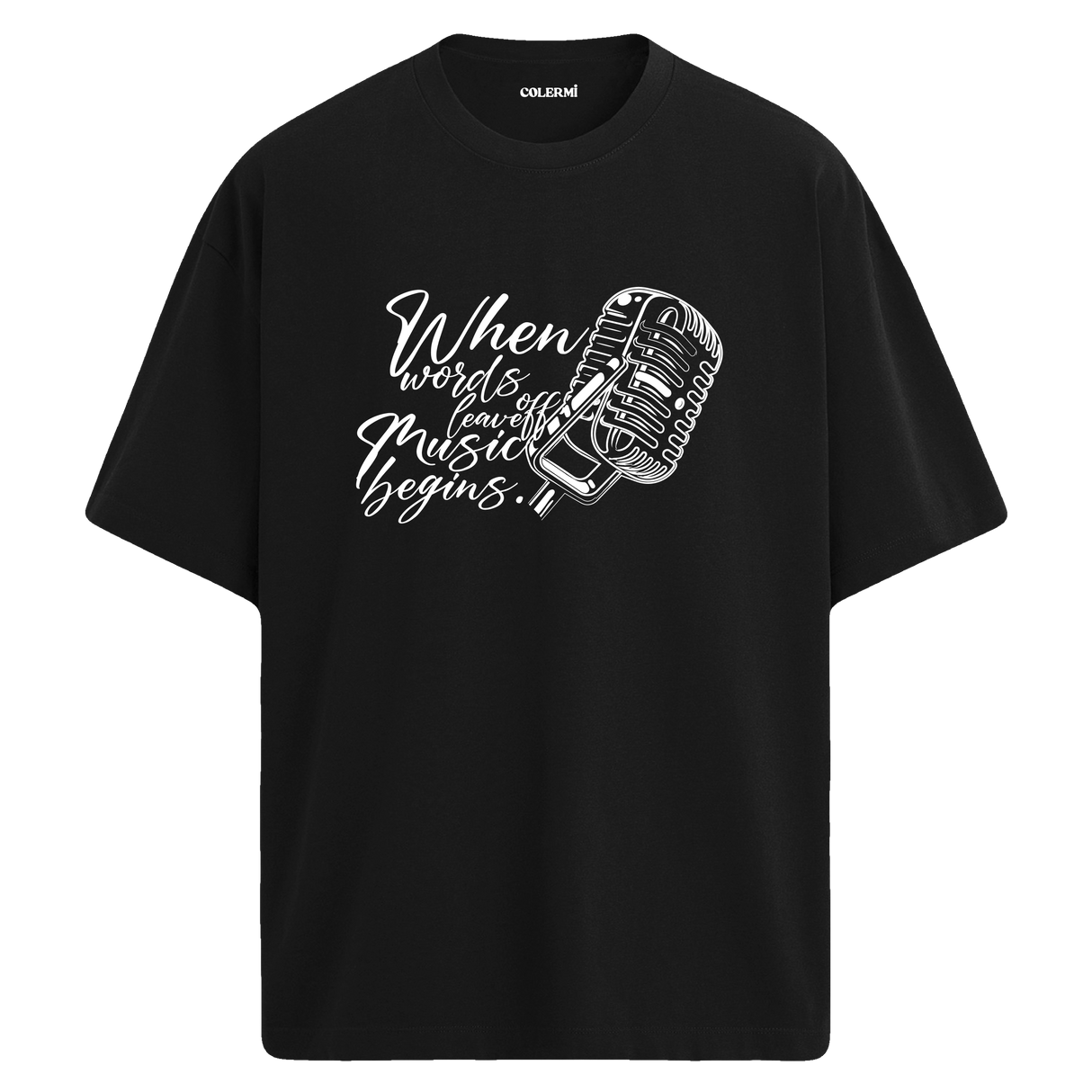 Music Begins Mikrofon Yazılı Tişört – %100 Pamuk – Bisiklet Yaka T-Shirt