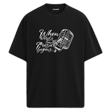Music Begins Mikrofon Yazılı Tişört – %100 Pamuk – Bisiklet Yaka T-Shirt