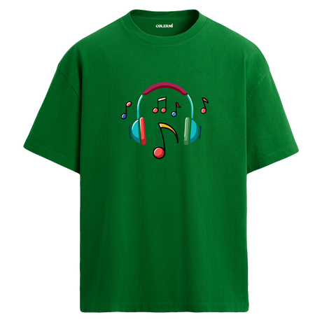 Renkli Nota Kulaklık Baskılı T-Shirt – %100 Pamuk – Bisiklet Yaka Tişört