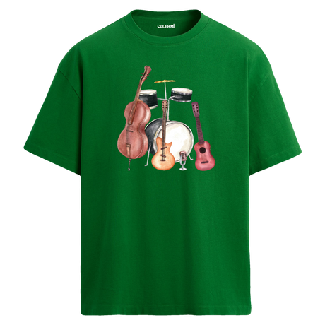 Vintage Enstrümanlar Oversize Unisex T-Shirt – Bisiklet Yaka Müzik Tasarımı