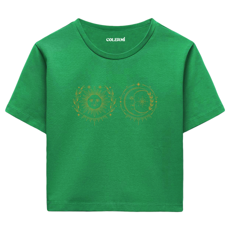 Güneş ve Ay İllüstrasyonlu Crop T-Shirt