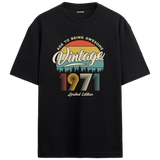 1971 Nostalgia Oversized T-Shirt - Retro Sunset & Pine Forest Silhouettes