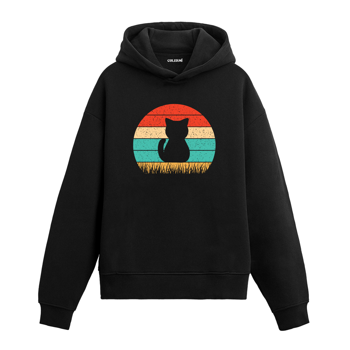 Retro Silhouette Cat Graphic Hoodie – Sunset Hues, Minimalist Elegance