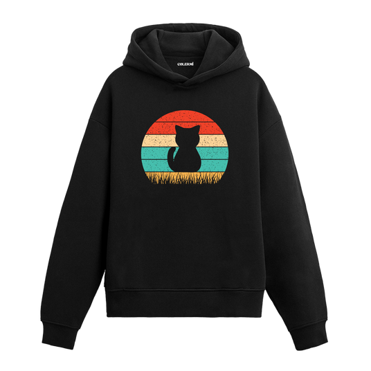 Retro Silhouette Cat Graphic Hoodie – Sunset Hues, Minimalist Elegance