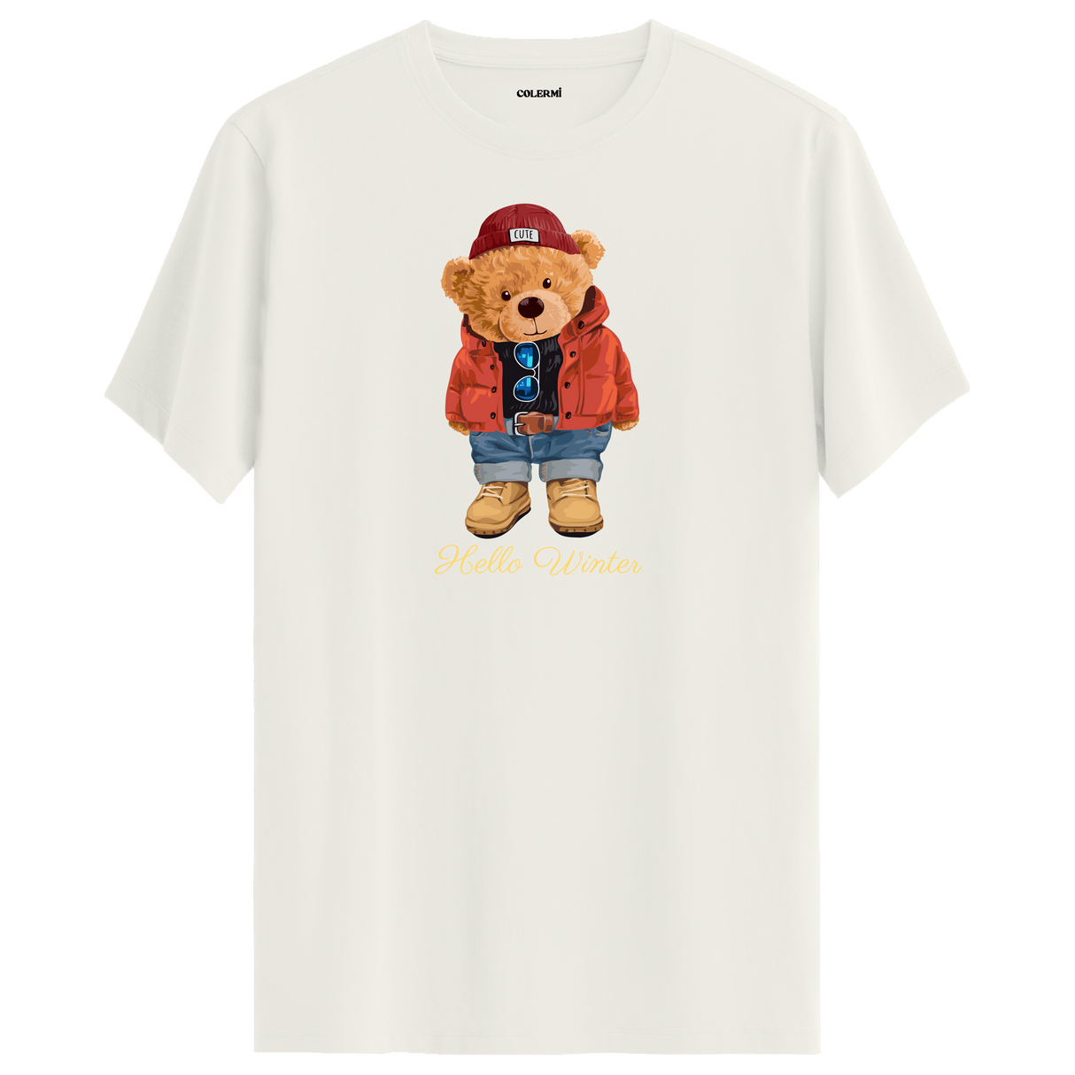 Hello Winter Bear T-Shirt – Cozy Winter Style with Cute Bear in Red Coat