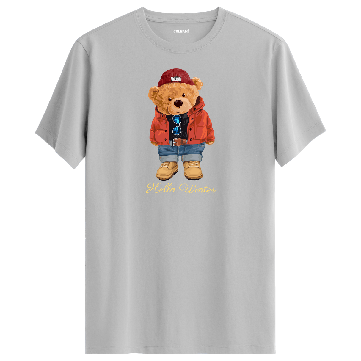 Hello Winter Bear T-Shirt – Cozy Winter Style with Cute Bear in Red Coat