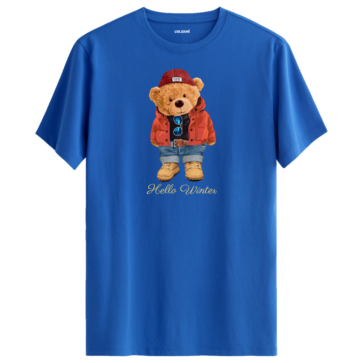 Hello Winter Bear T-Shirt – Cozy Winter Style with Cute Bear in Red Coat