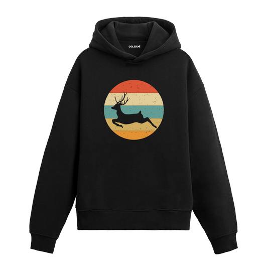 Retro Deer Silhouette Graphic Hoodie – Nature’s Elegance, Vintage Style