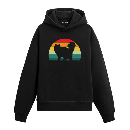 Retro Cat’s Elegance: Sunset Silhouette Graphic Hoodie