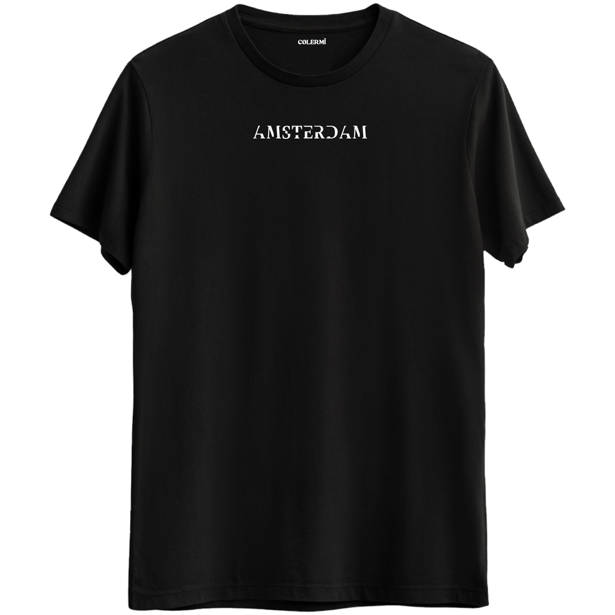Amsterdam şehrinin özgün ruhunu yansıtan minimal yazılı siyah Bisiklet Yaka T-Shirt.