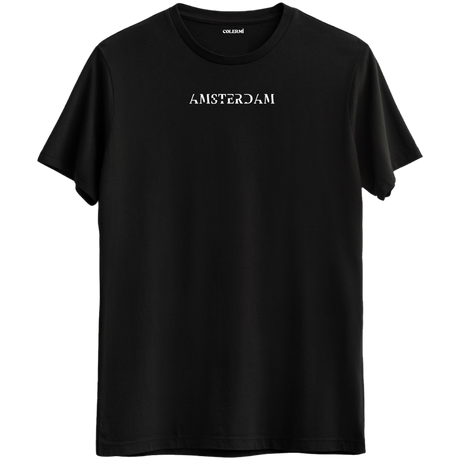 Amsterdam şehrinin özgün ruhunu yansıtan minimal yazılı siyah Bisiklet Yaka T-Shirt.