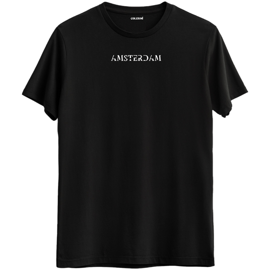 Amsterdam şehrinin özgün ruhunu yansıtan minimal yazılı siyah Bisiklet Yaka T-Shirt.