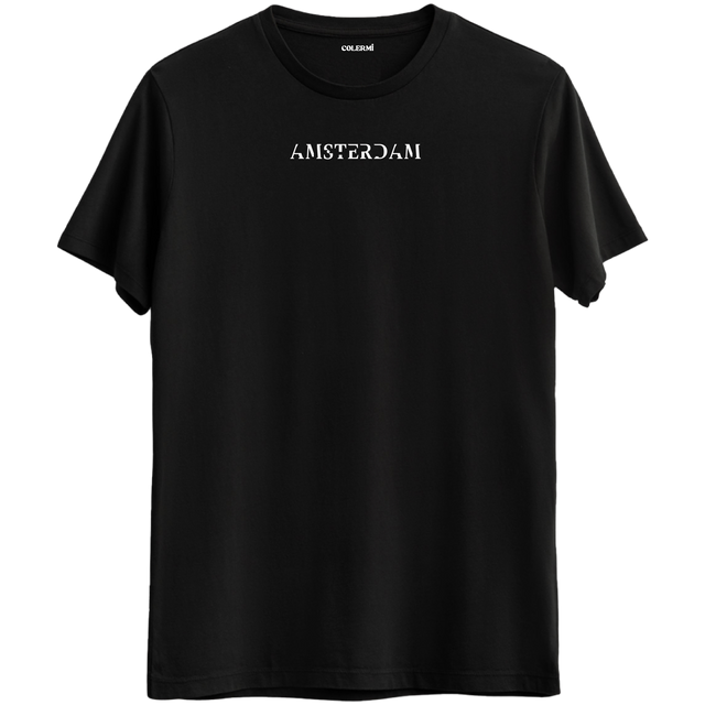 Amsterdam şehrinin özgün ruhunu yansıtan minimal yazılı siyah Bisiklet Yaka T-Shirt.