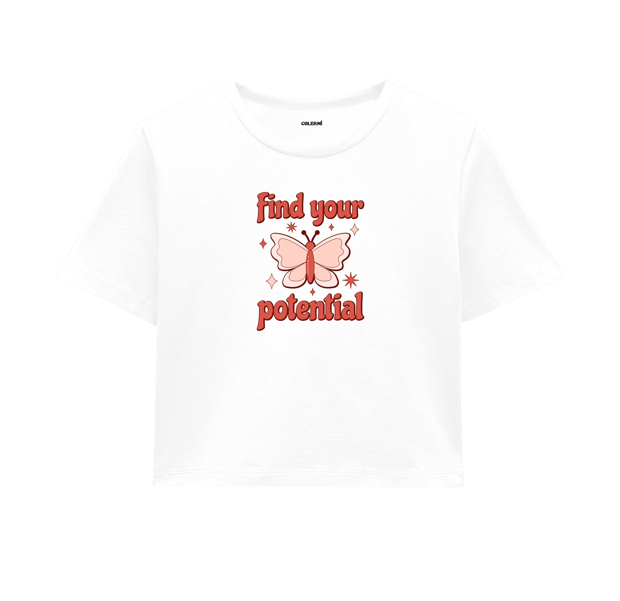 Find Your Potential Crop Top - Bold Red Butterfly Design