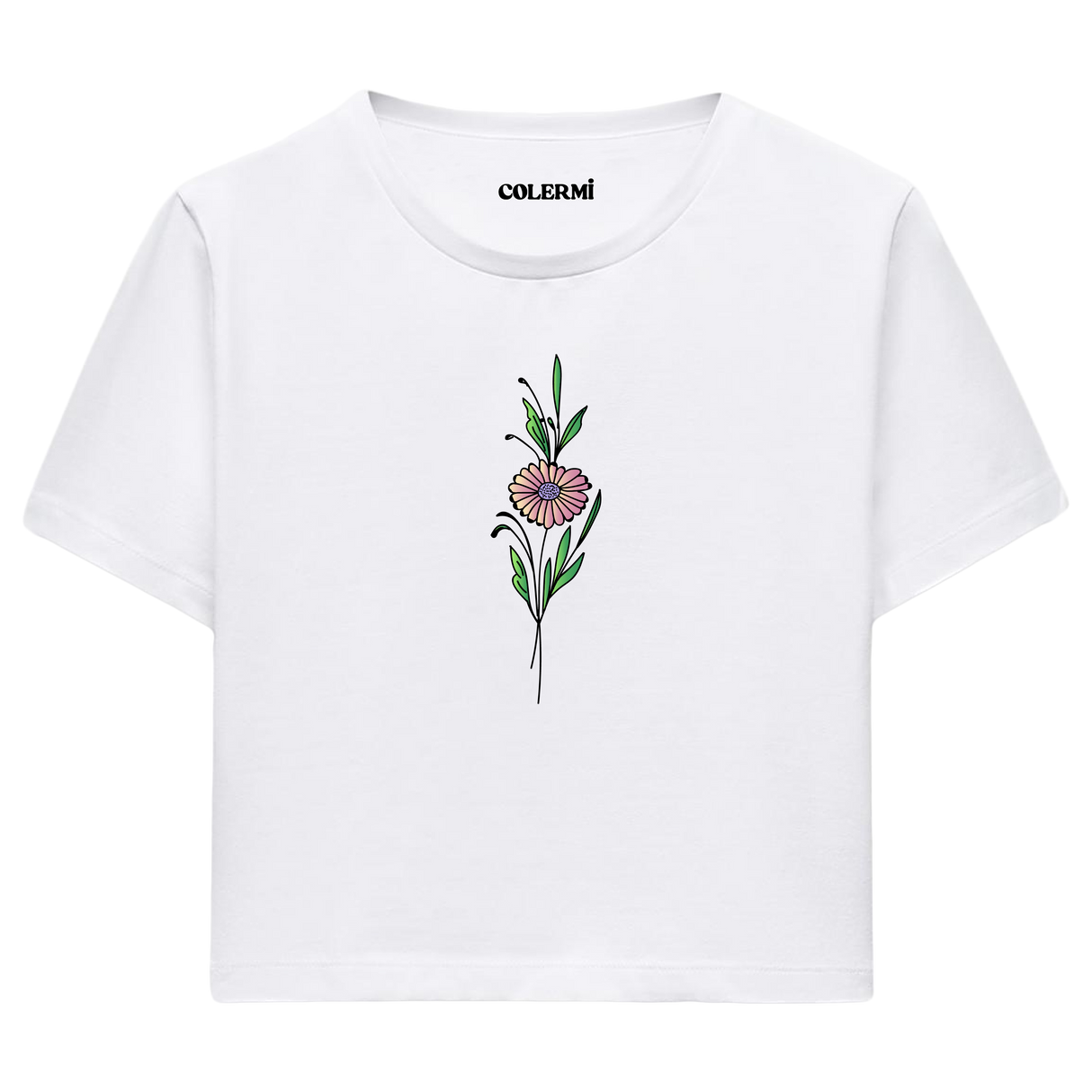 Crop T-Shirt - Minimal Çiçek İllüstrasyonu