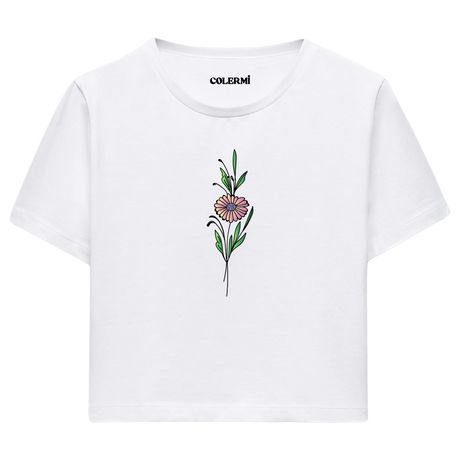 Crop T-Shirt - Minimal Çiçek İllüstrasyonu