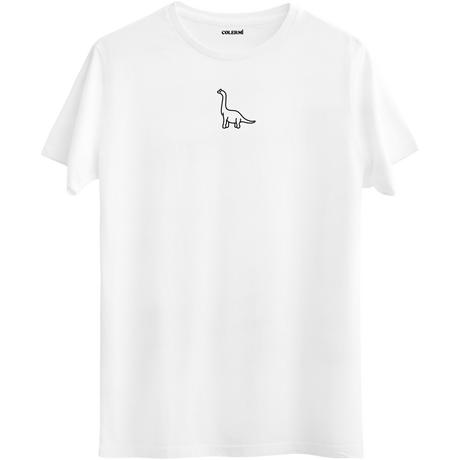 Zamansız bir tasarıma sahip dinozor çizimli beyaz Bisiklet Yaka T-Shirt.