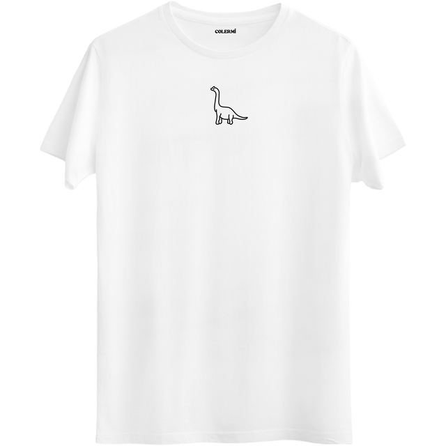 Zamansız bir tasarıma sahip dinozor çizimli beyaz Bisiklet Yaka T-Shirt.
