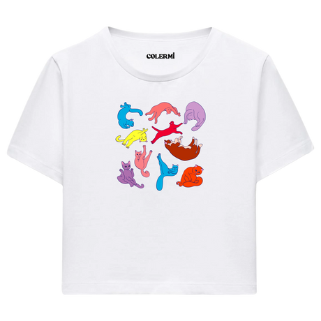 Yoga Crop T-Shirt - Renkli Kedilerin Yoga Pozları