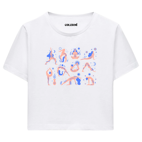 Yoga Crop T-Shirt - Yoga Pozları ve Doğa İllüstrasyonlu Crop T-Shirt