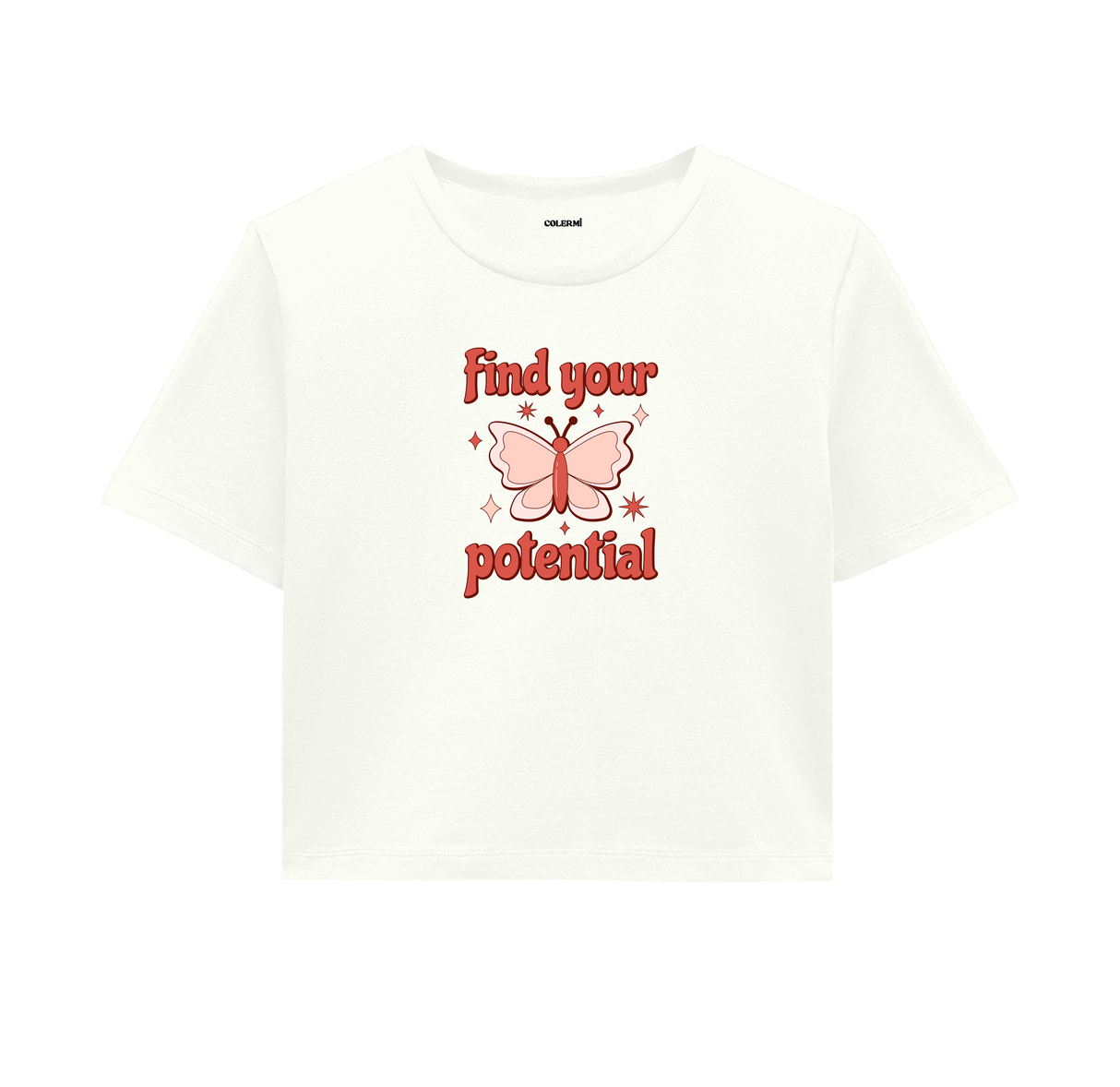 Find Your Potential Crop Top - Bold Red Butterfly Design